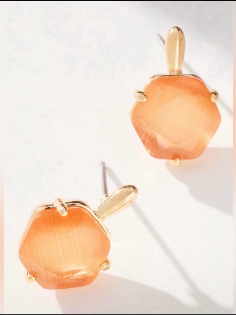 NWT Anthropologie Hexagon Stone Post Earrings in Peachy Opal 14k Gold